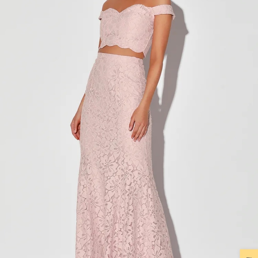 NWT Lulu’s A Thousand Words Pink Lace Off-The-Shoulder Two-Piece Maxi Dress